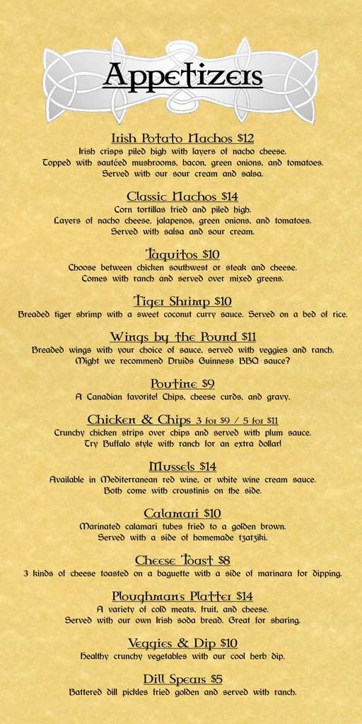 The Druid Menu, Menu for The Druid, Oliver, Edmonton Urbanspoon/Zomato