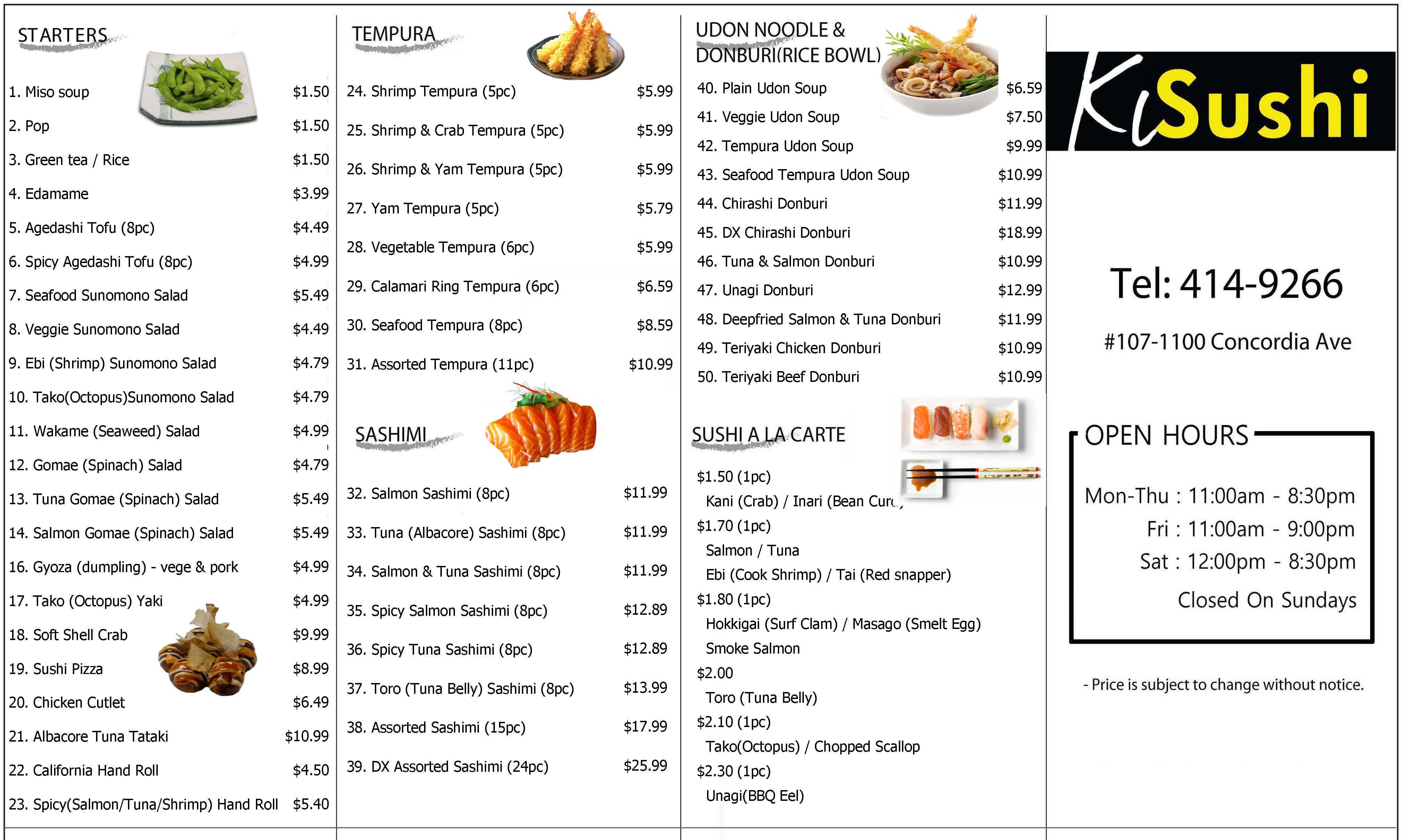KL Sushi Menu, Menu v reštaurácii KL Sushi, Elmwood, Winnipeg