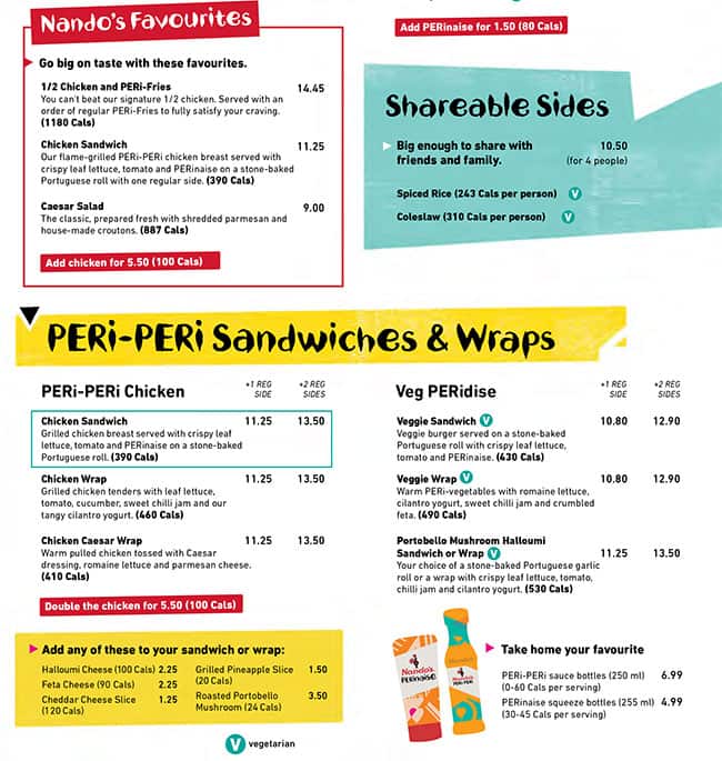 Menu at Nando's PERi-PERi fast food, North Vancouver