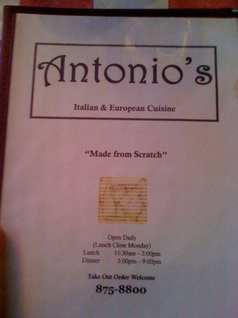 Menu at Antonio's restaurant, Kihei