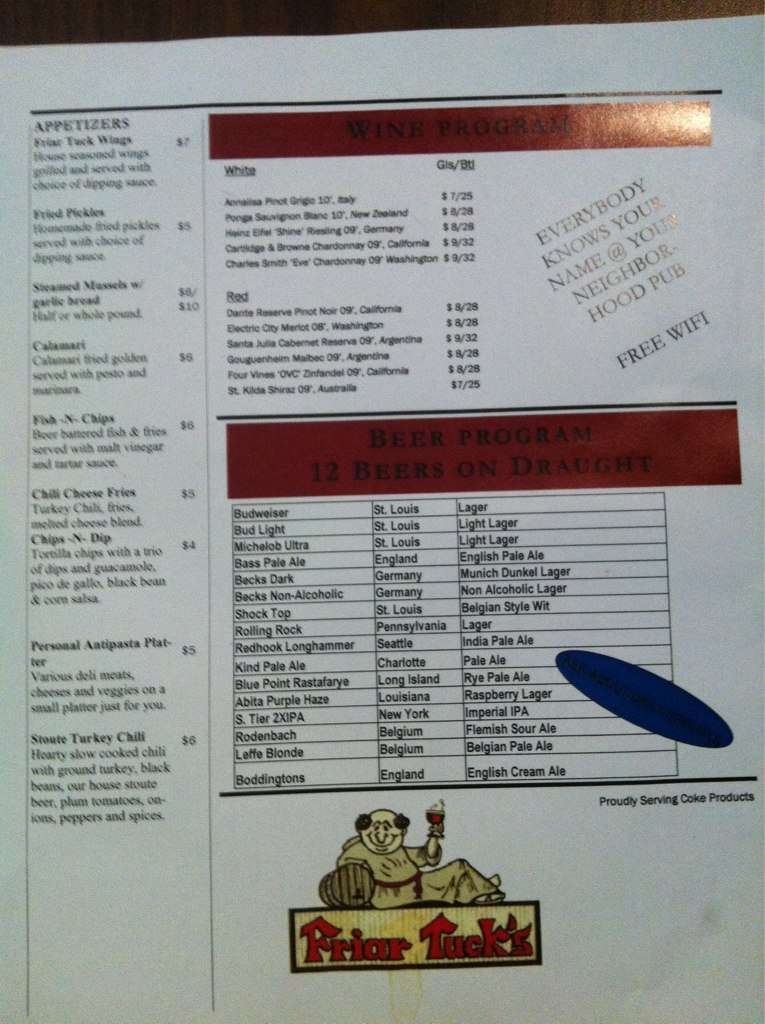 Friar Tuck Pub Menu, Menu for Friar Tuck Pub, University City ...