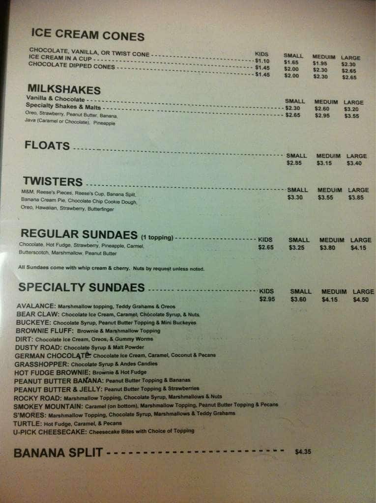 Menu at The Diner at Twisters restaurant, Knoxville, Washington Pike