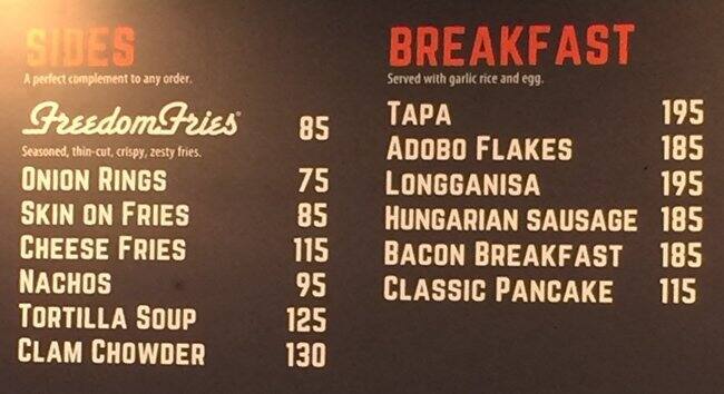 Menu at Army Navy, Cebu City