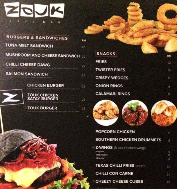 Zouk Cafe Bar Menu, Menu for Zouk Cafe Bar, Jalan Tun Razak, Kuala