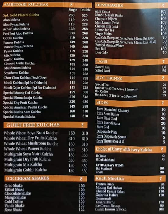 Menu Of Amritsari Kulcha Factory, Moti Nagar, New Delhi