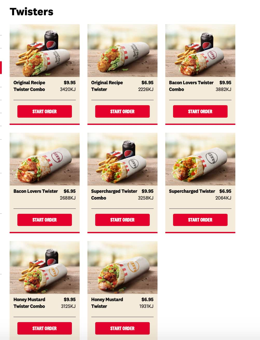 KFC menu