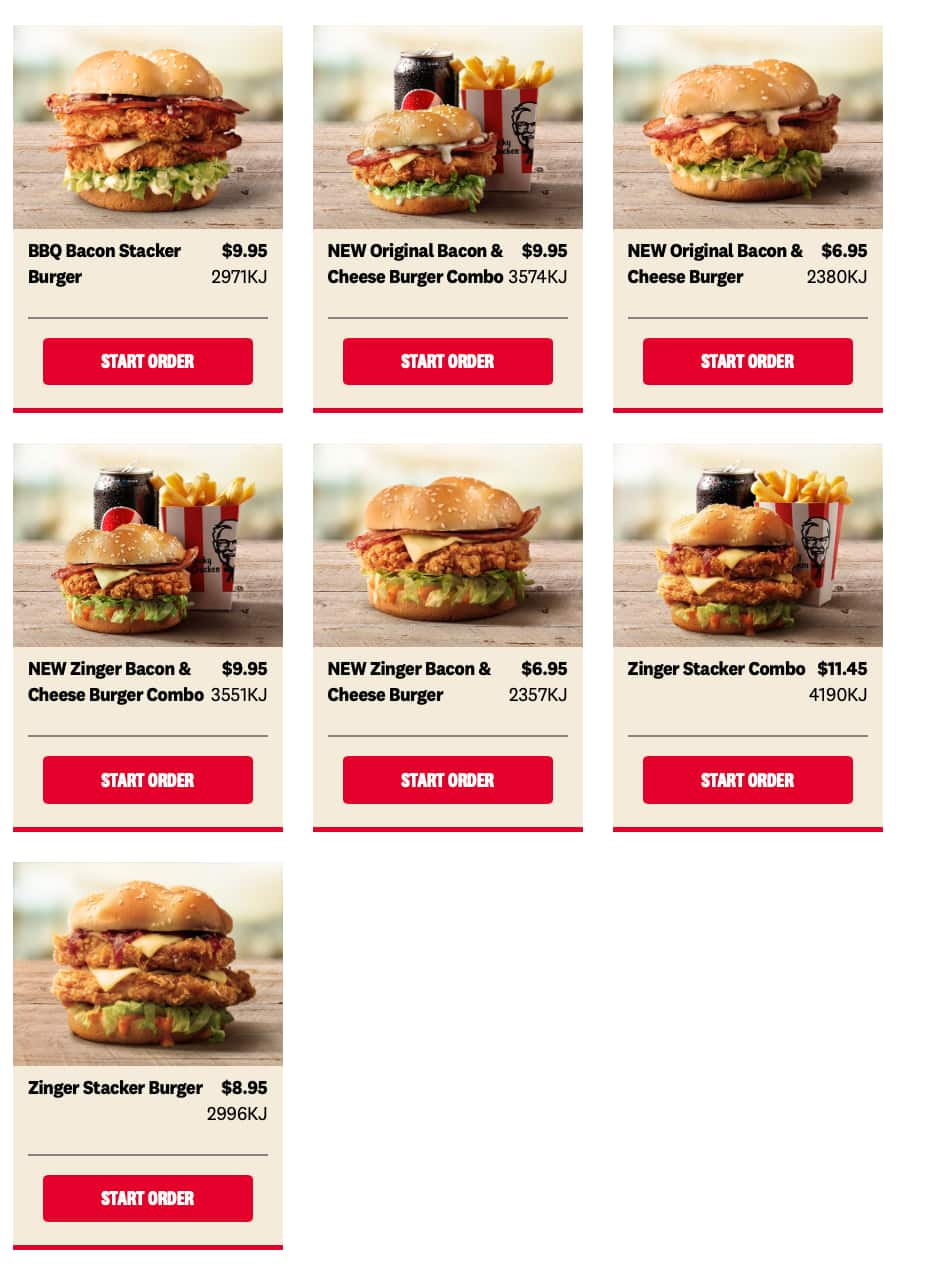 KFC menu