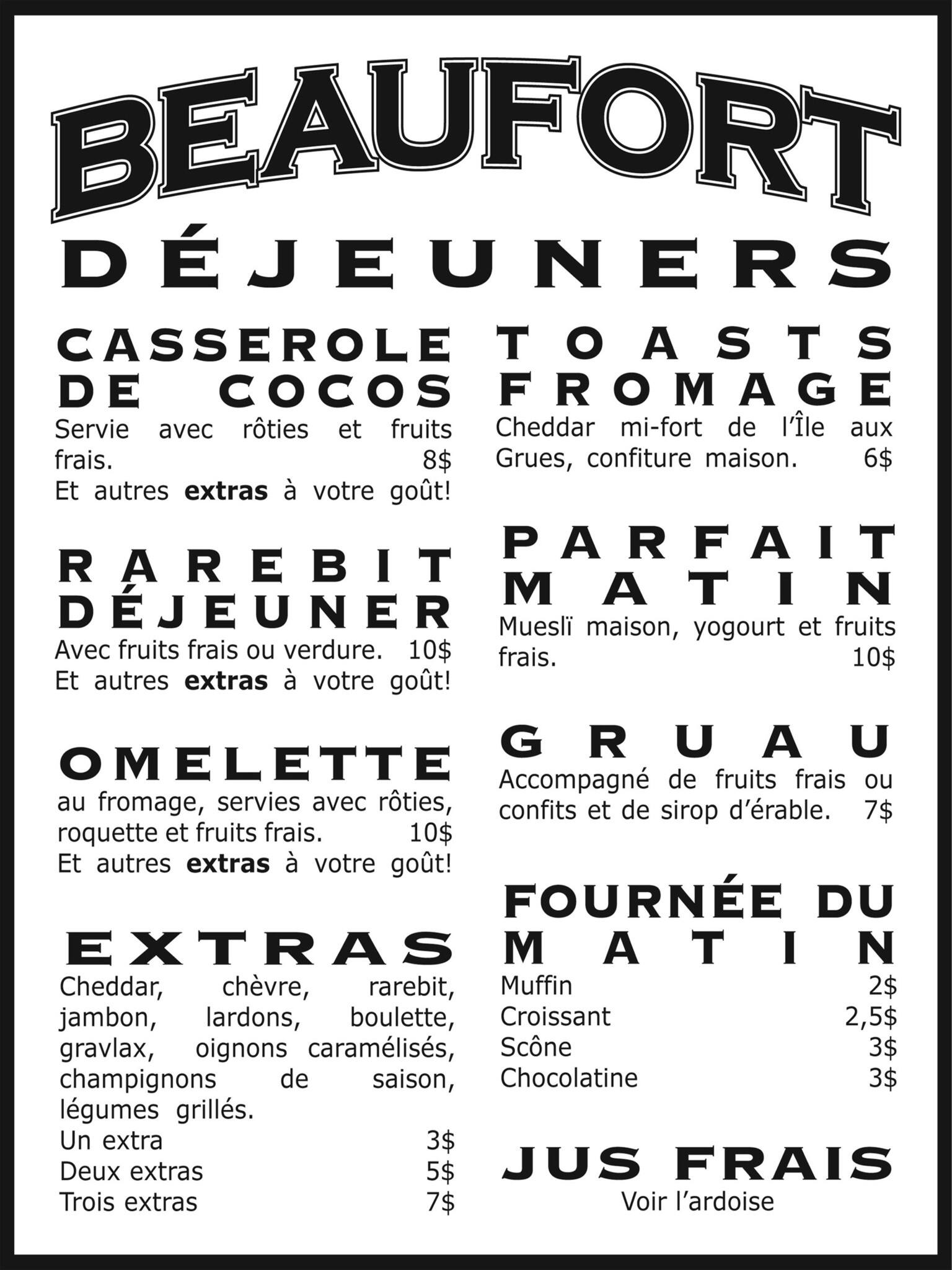 Menu at Beaufort - Bistro restaurant, Montréal, 414 St-Zotique est