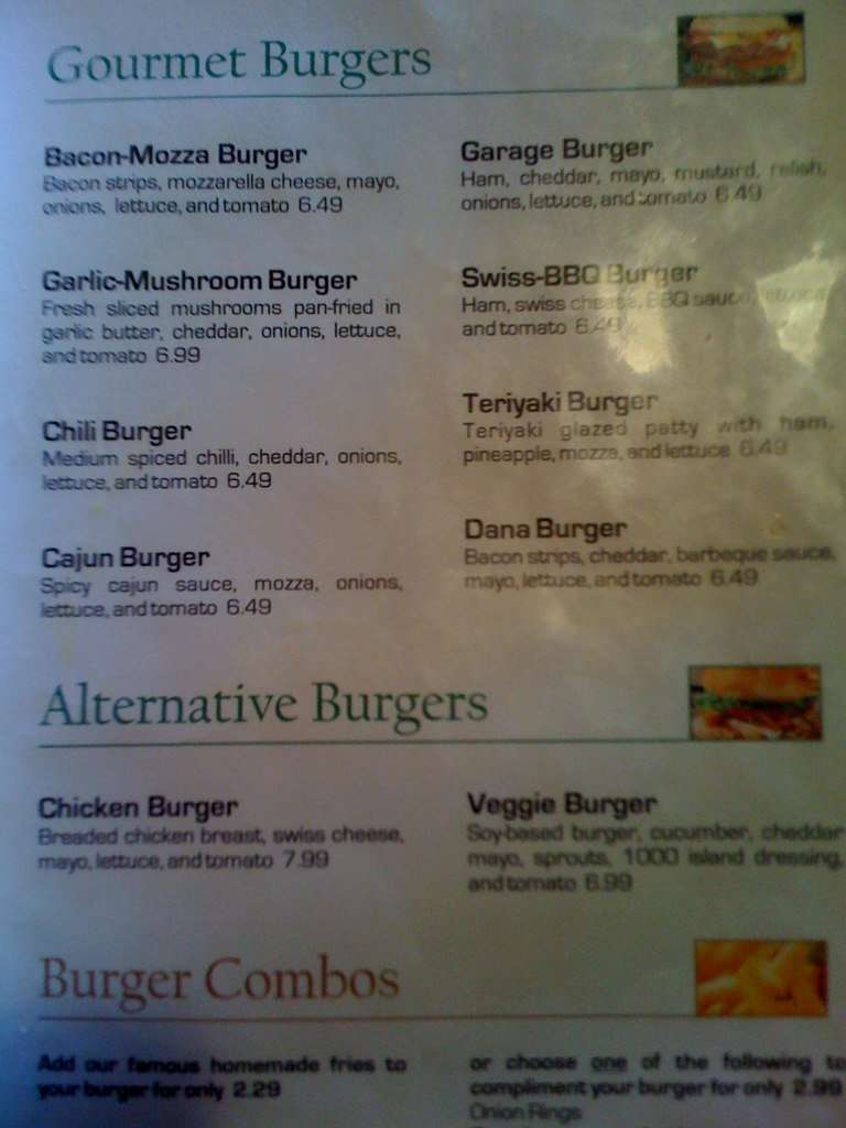 Menu at Garage Burger Bar & Grill, Edmonton
