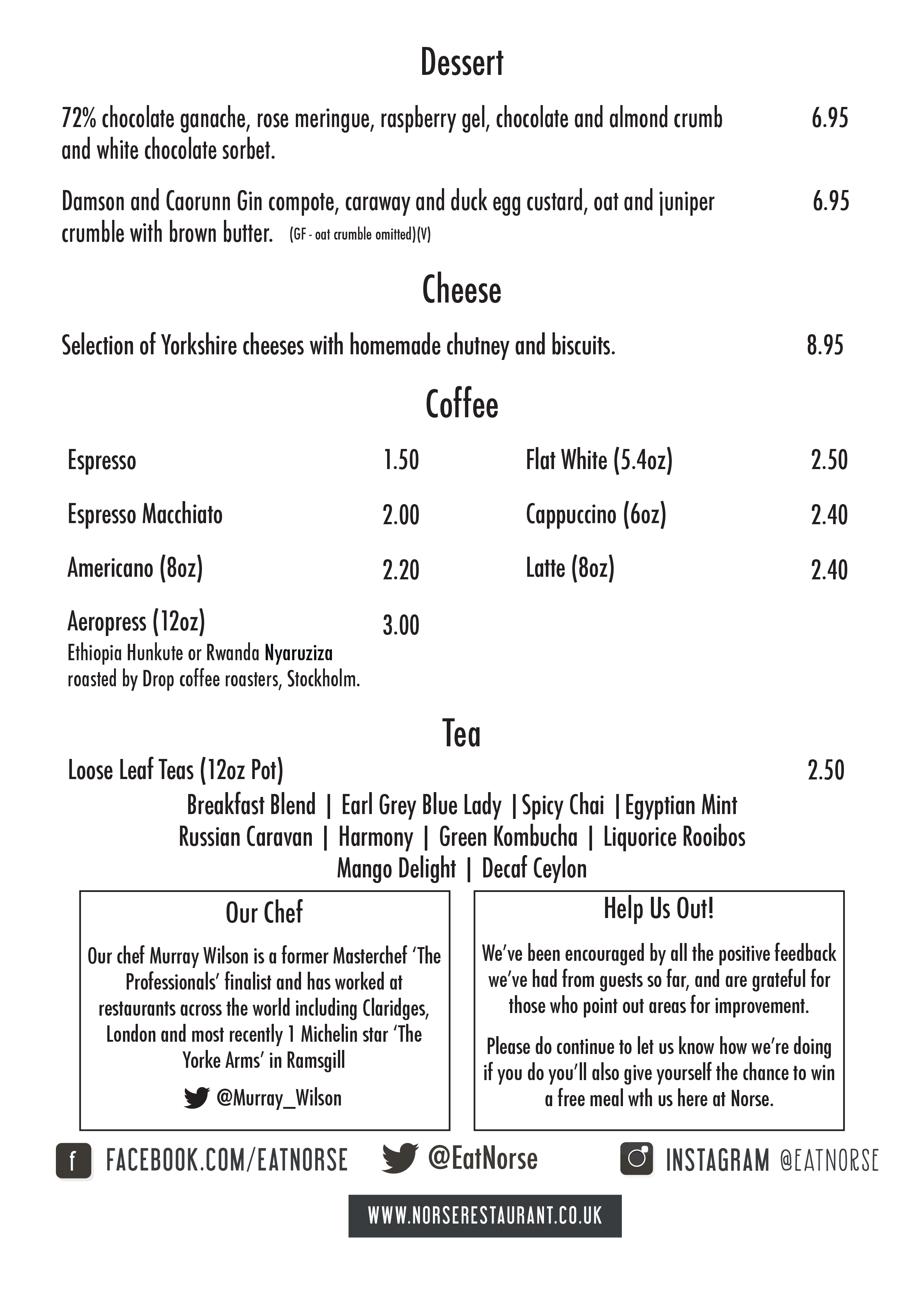 Menu at Norse restaurant, Harrogate, 22 Oxford St