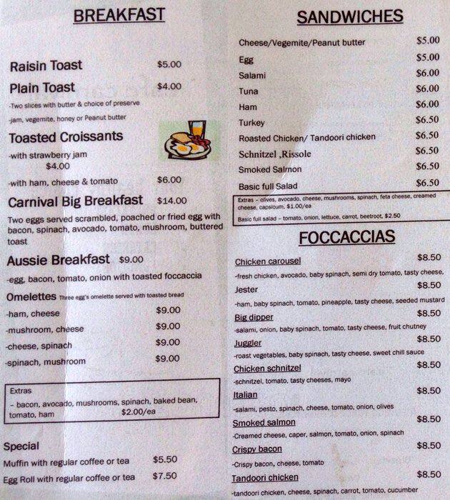 Cafe Carnival Menu, Menu for Cafe Carnival, Cheltenham, Melbourne ...