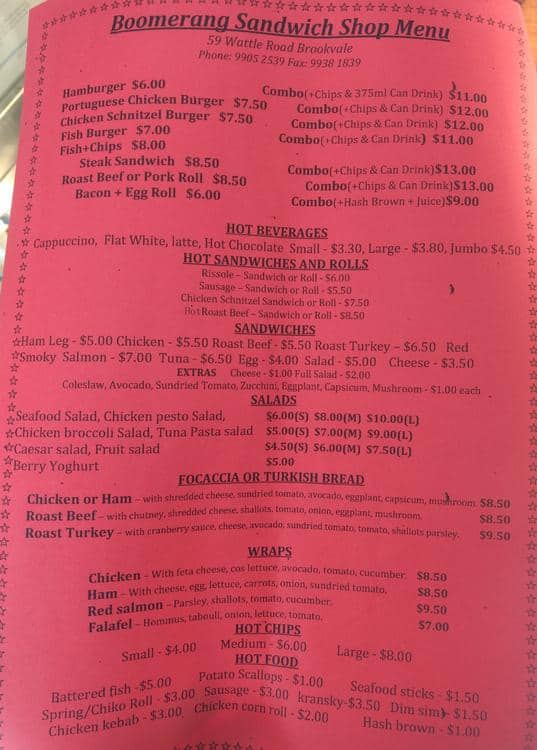 Menu at Boomerang Sandwich Bar, Brookvale
