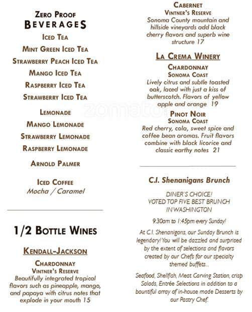 Menu at CI Shenanigans pub & bar,