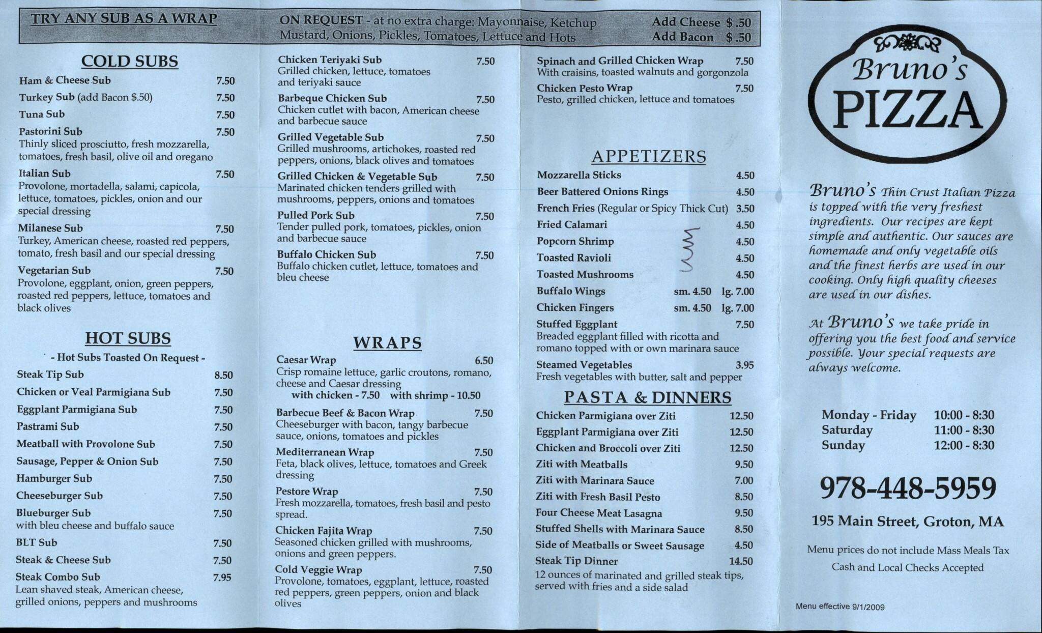 Menu At Bruno s Pizza Pizzeria Groton 195 Main St