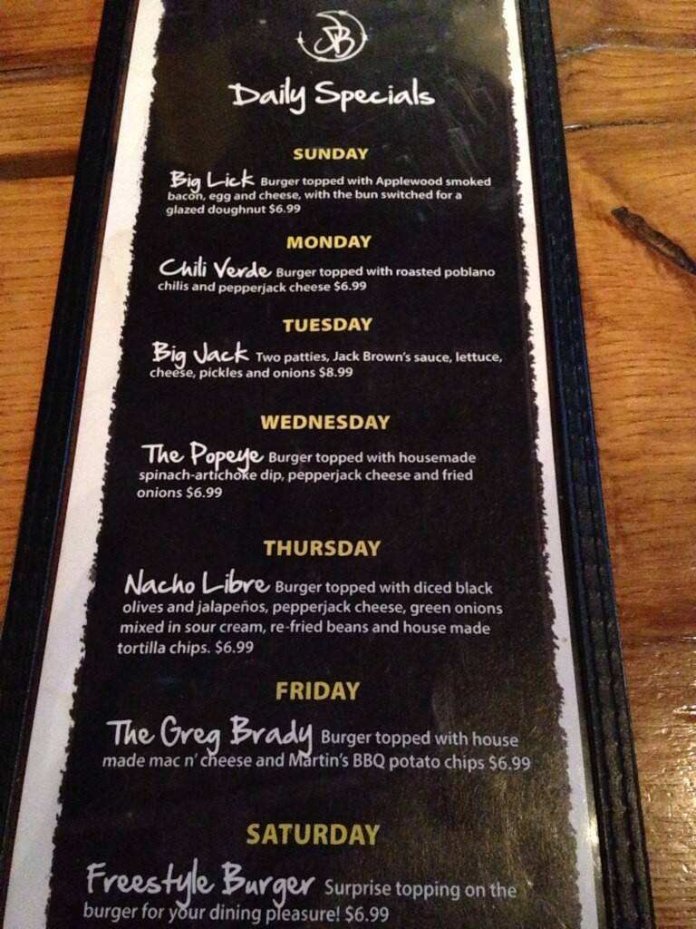 Menu at Jack Brown's Beer & Burger Joint Roanoke pub & bar, Roanoke
