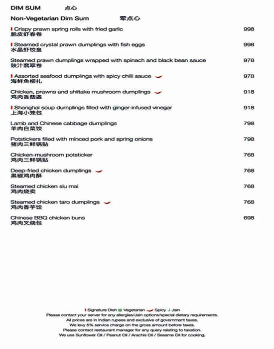 Grand Hyatt Mumbai menu