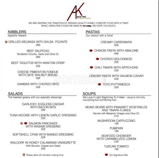Menu at AK Bistro restaurant, Makati