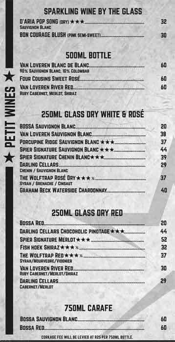 Menu at Bossa Durbanville restaurant, Cape Town