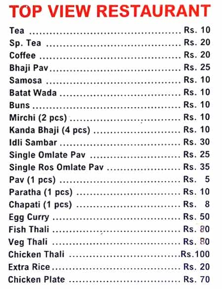Top View Restaurant menu