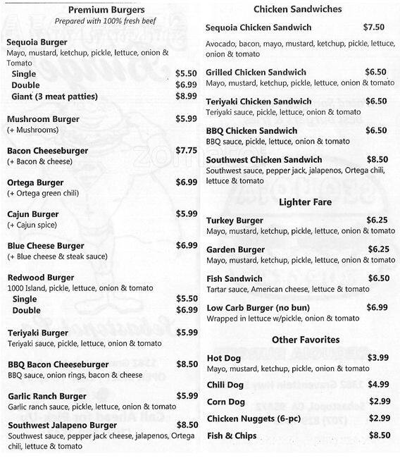 Sequoia Drive In Menu, Menu for Sequoia Drive In, Sebastopol