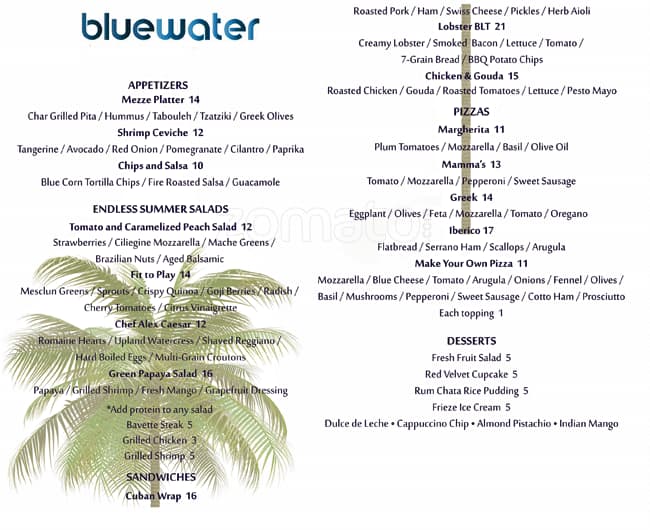 blue waters hotel lunch buffet menu