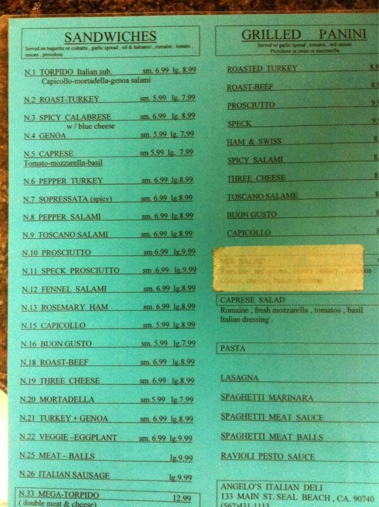 Menu at Angelo's Italian Deli restaurant, Seal Beach