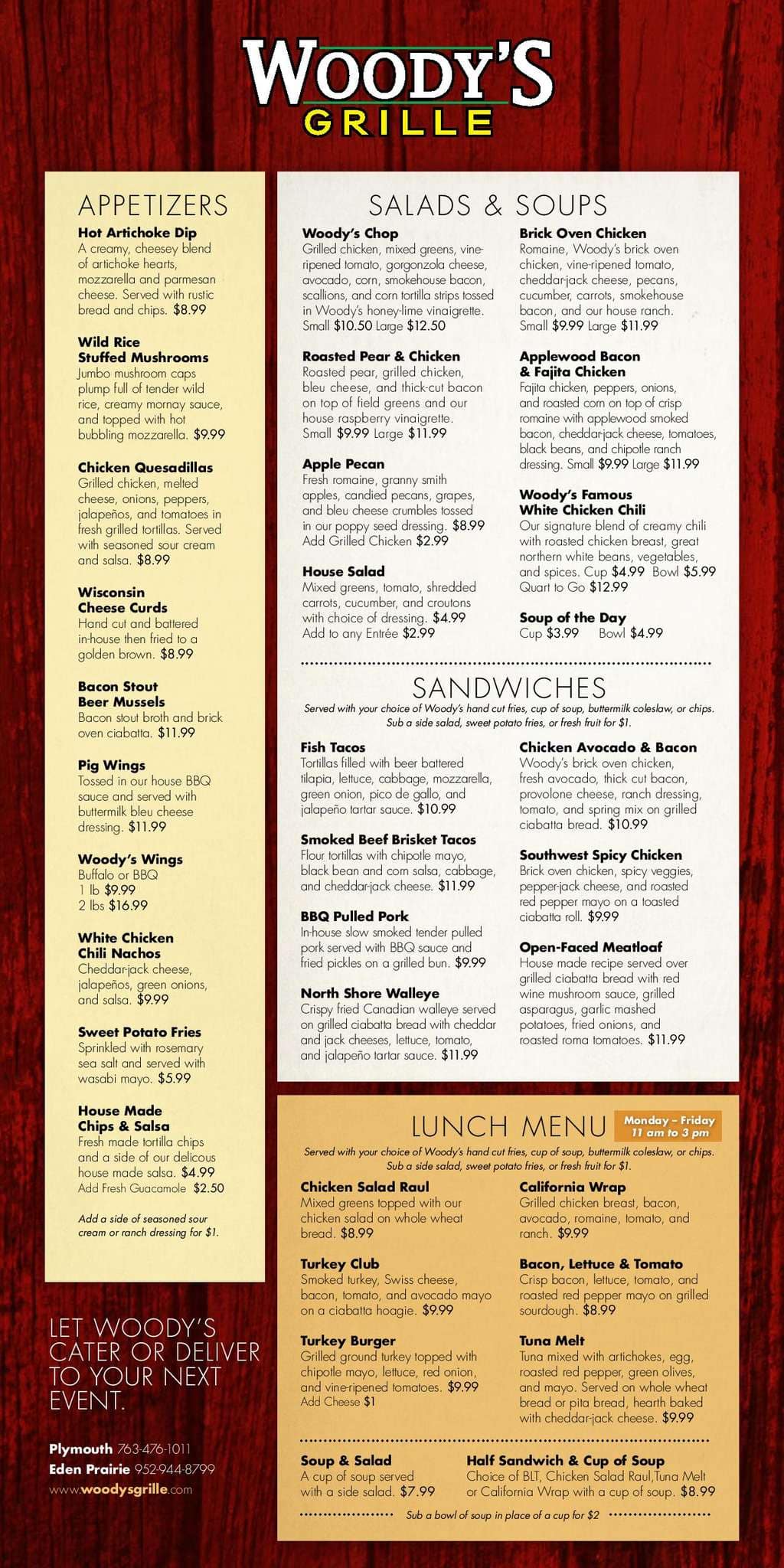 Menu at Woody's Grille pizzeria, Eden Prairie