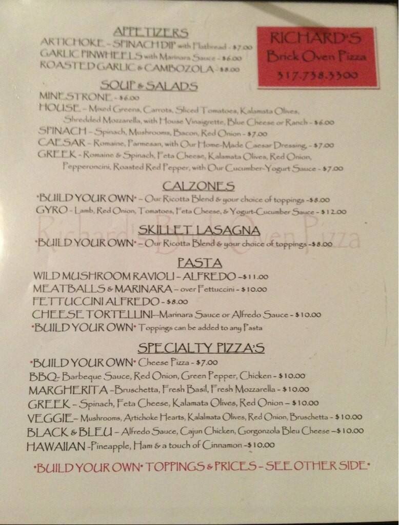 Menu at Richard's Brick Oven Pizza pizzeria, Franklin, 229 S Main St