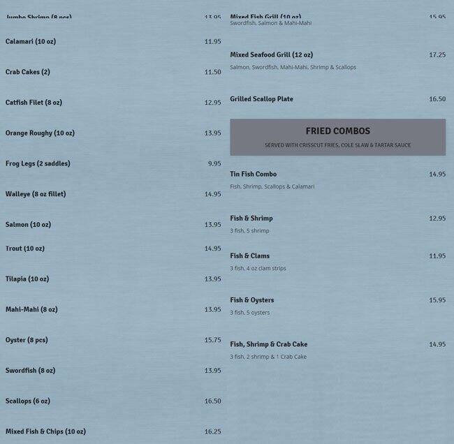 Menu at The Tin Fish restaurant, Newburgh