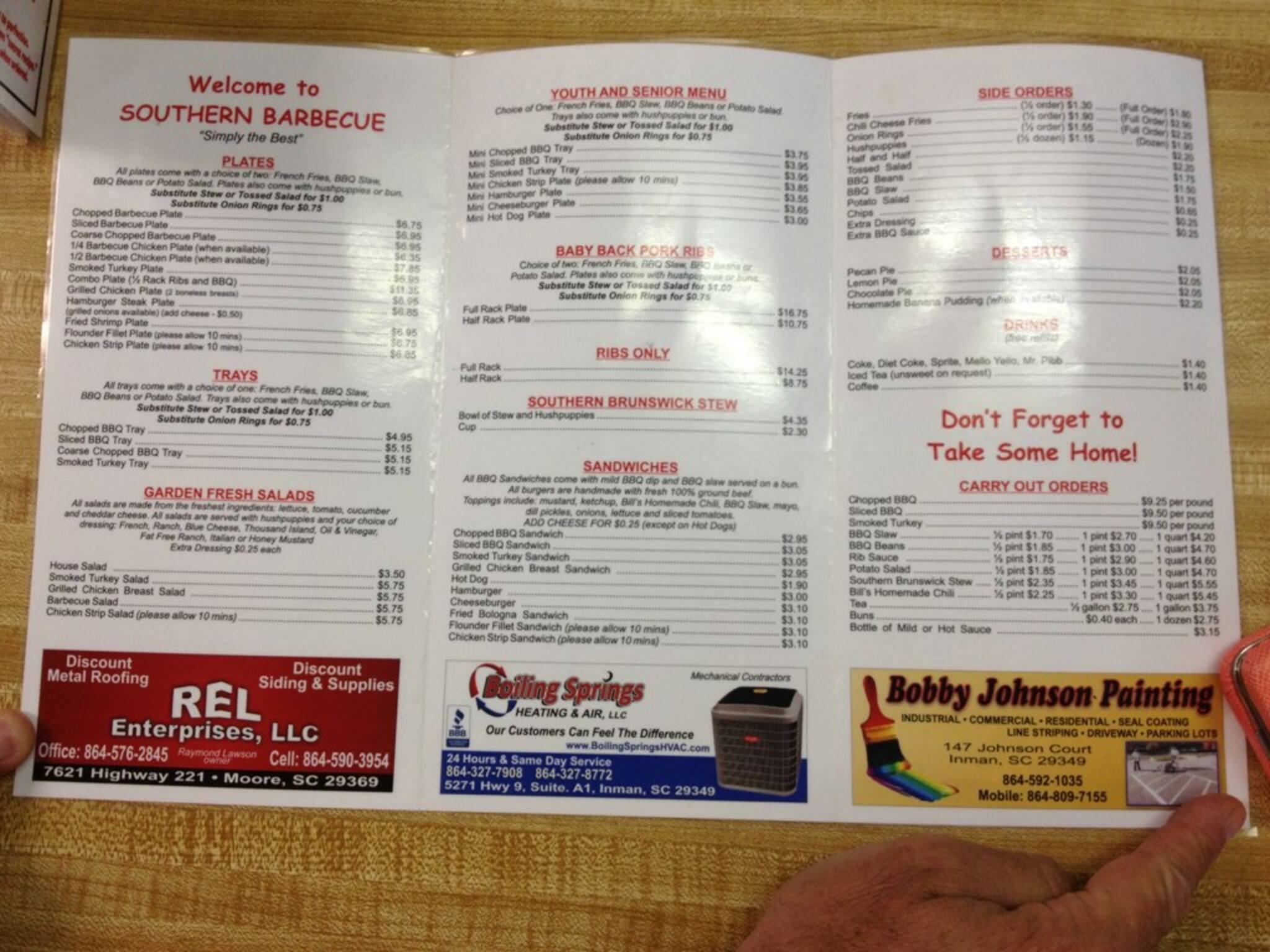 Menu at Southern Barbecue, Spartanburg, 6 Fairview Church Rd