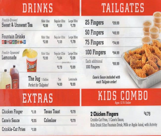 Cane's visalia menu