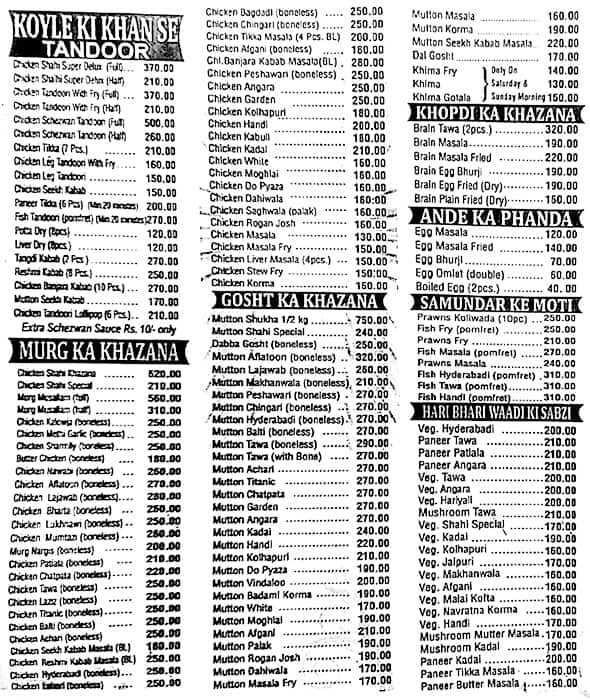 Shahi Restaurant menu