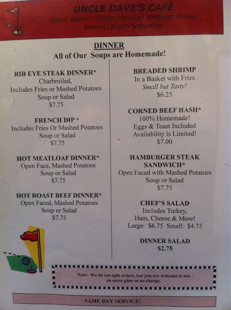 Menu at UNCLE Dave's Cafe, Port Orchard