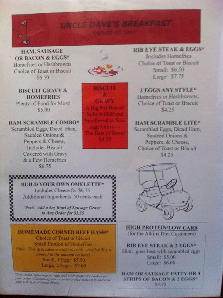 Menu at UNCLE Dave's Cafe, Port Orchard