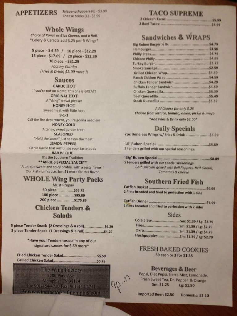 The Wing Factory Menu, Menu untuk The Wing Factory, Midtown, Memphis Urbanspoon/Zomato