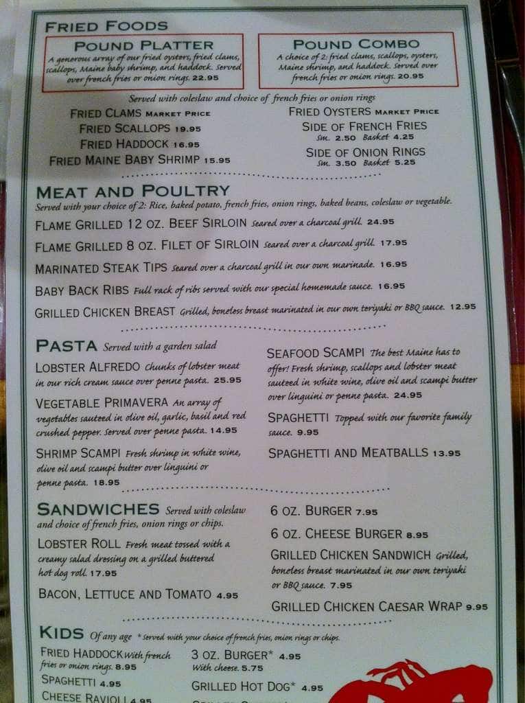 Menu at Ogunquit Lobster Pound restaurant, Ogunquit, 504 Main St