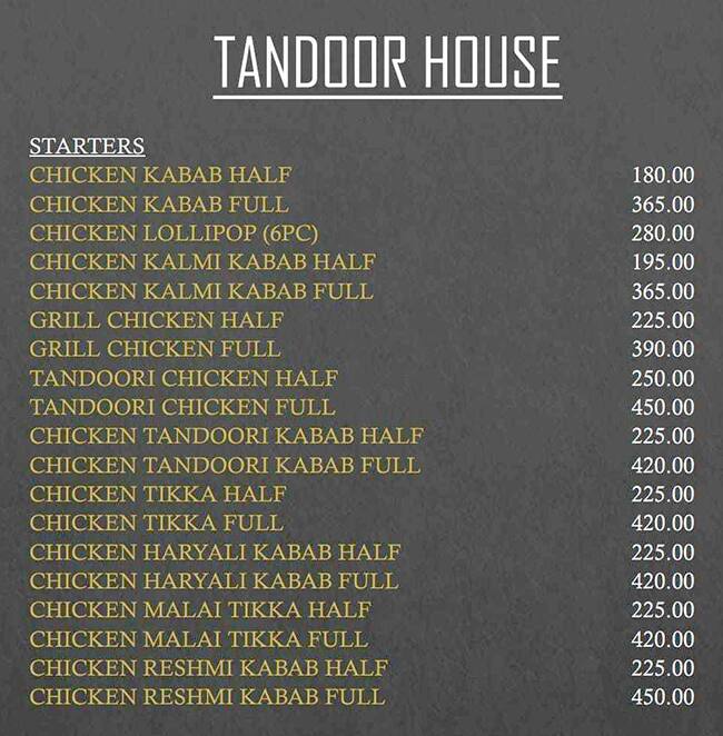 Menu of Tandoor Club, Nagawara, Bangalore