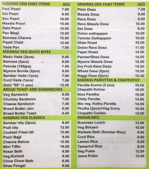 Madras Restaurant Menu, Menu for Madras Restaurant, Al Nahda, Sharjah