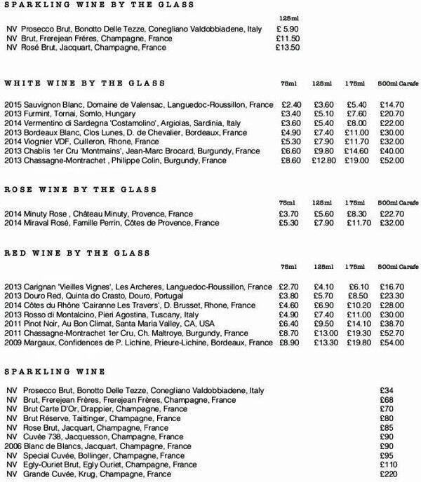 Menu at Margaux restaurant, London