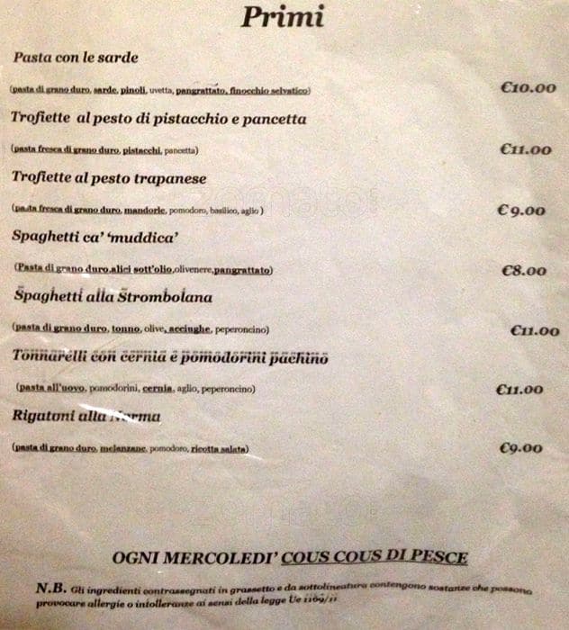 Menu di la confraternita dell'uva 