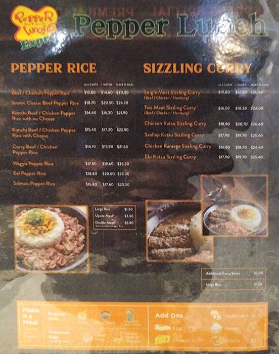 Menu at Pepper Lunch steakhouse, Sydney, Shop 10/537 St