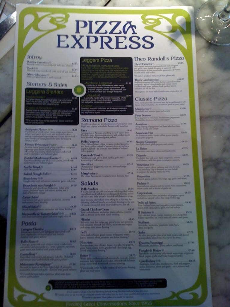 Carta de PizzaExpress