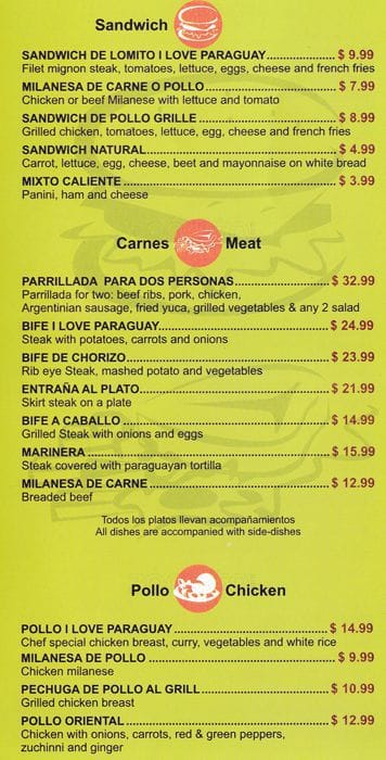 I Love Paraguay Restaurant menu
