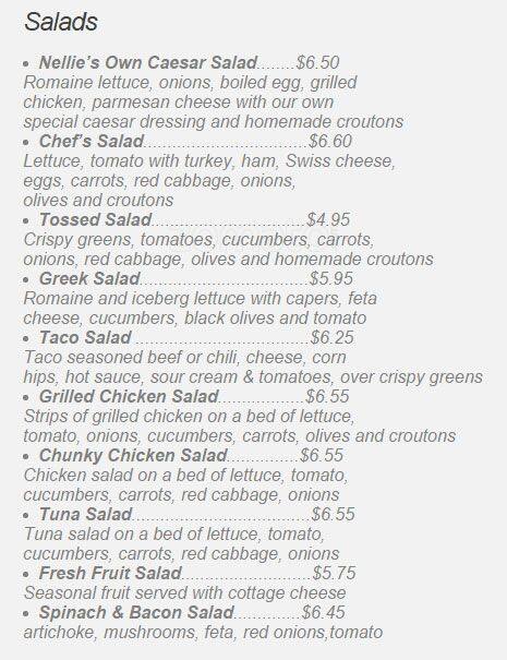 Nellie's menu