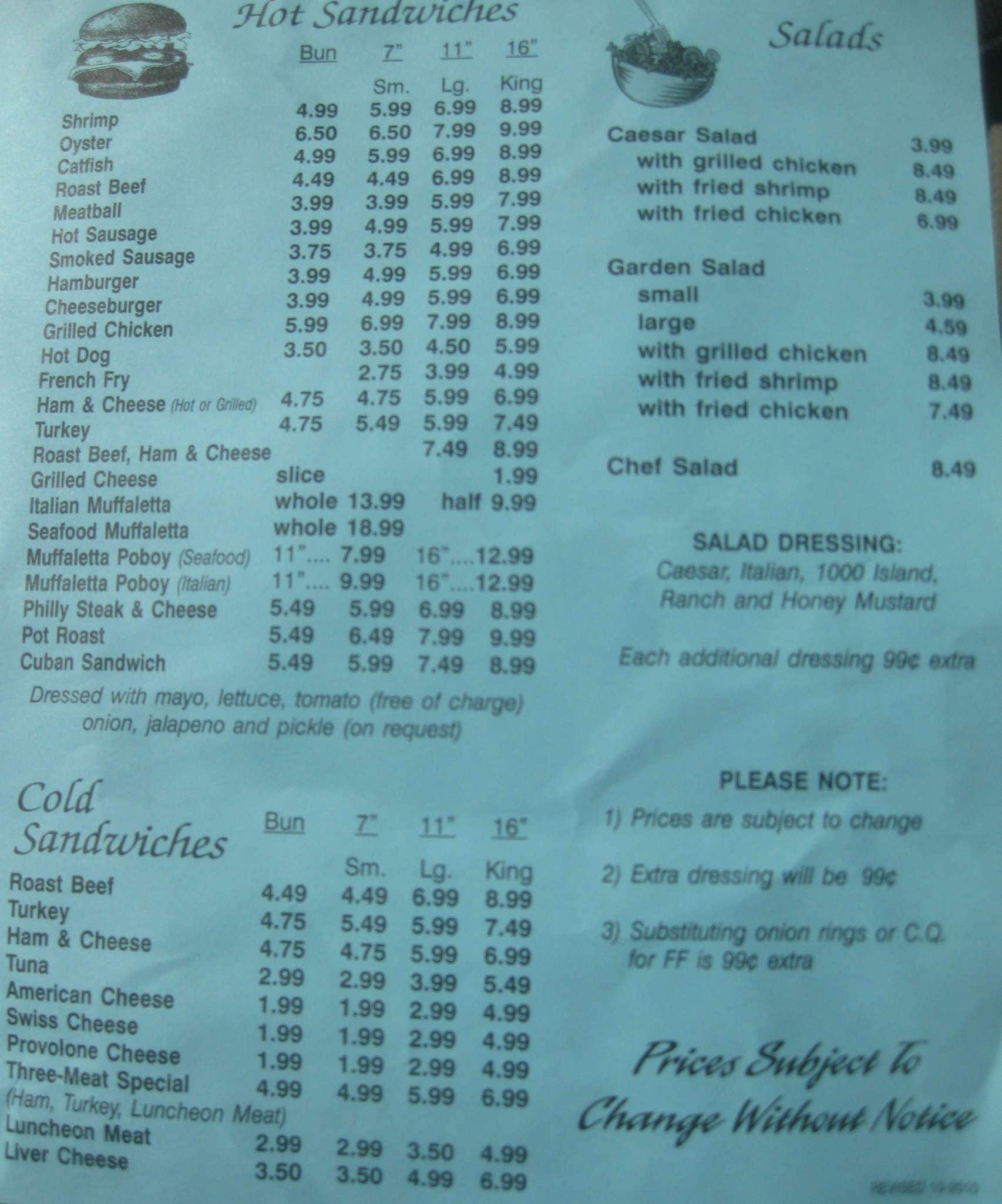 Menu at Chateau SuperMarket, New Orleans