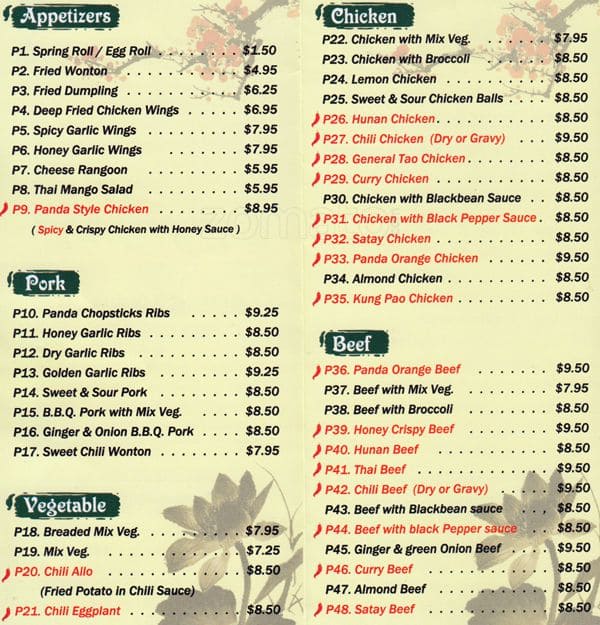 menu of chopsticks restaurant