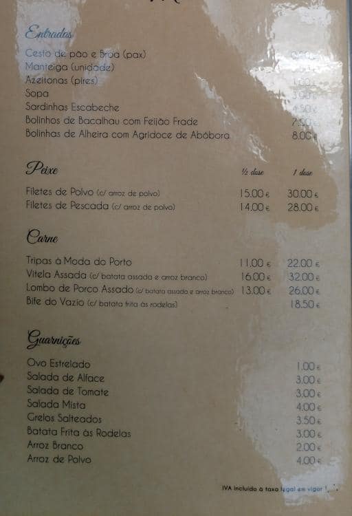 Carta del restaurante Casa Inês, Oporto, R. del Miraflor 20