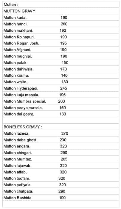 MUMBRA RESTAURANT menu