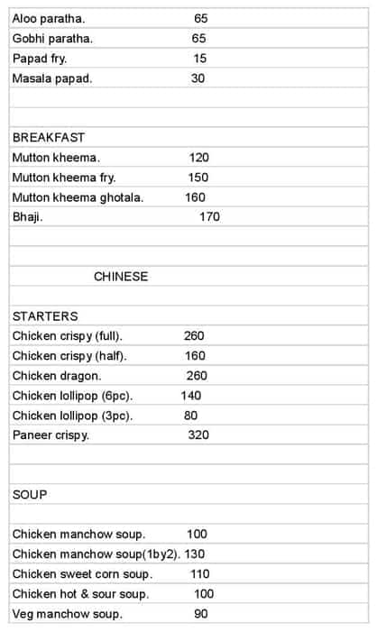 MUMBRA RESTAURANT menu
