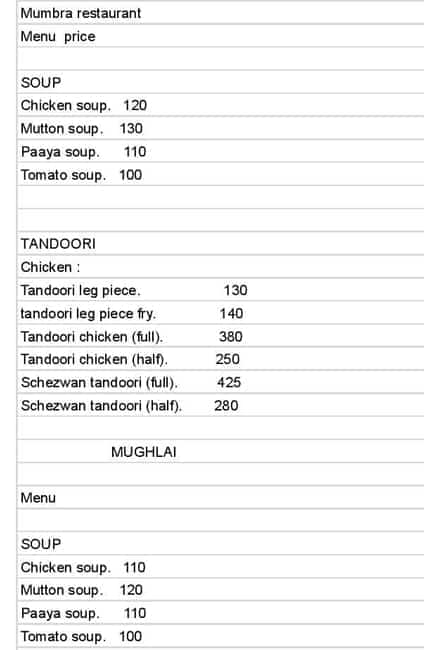 MUMBRA RESTAURANT menu